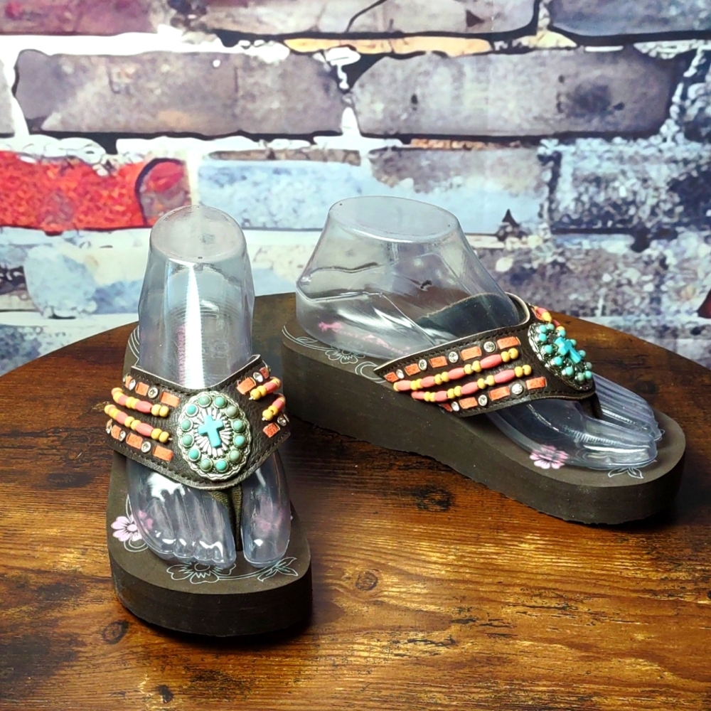 Montana West Brown Wedge Sandals with Turquoise & Coral Beaded Accents